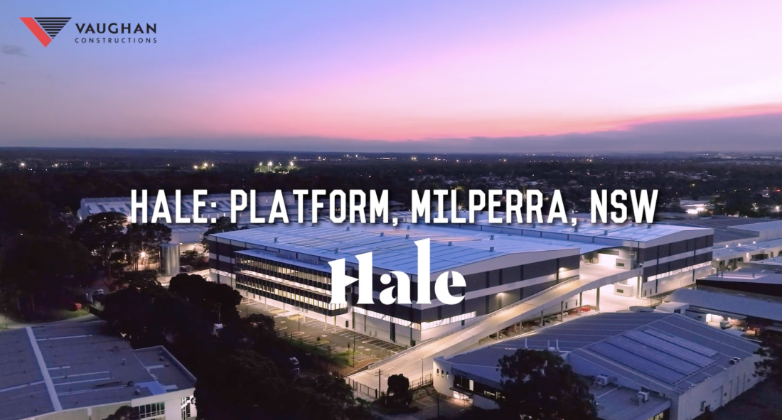 Aerial view of Platform by HALE and Vaughan Constructions in Milperra, NSW at sunset